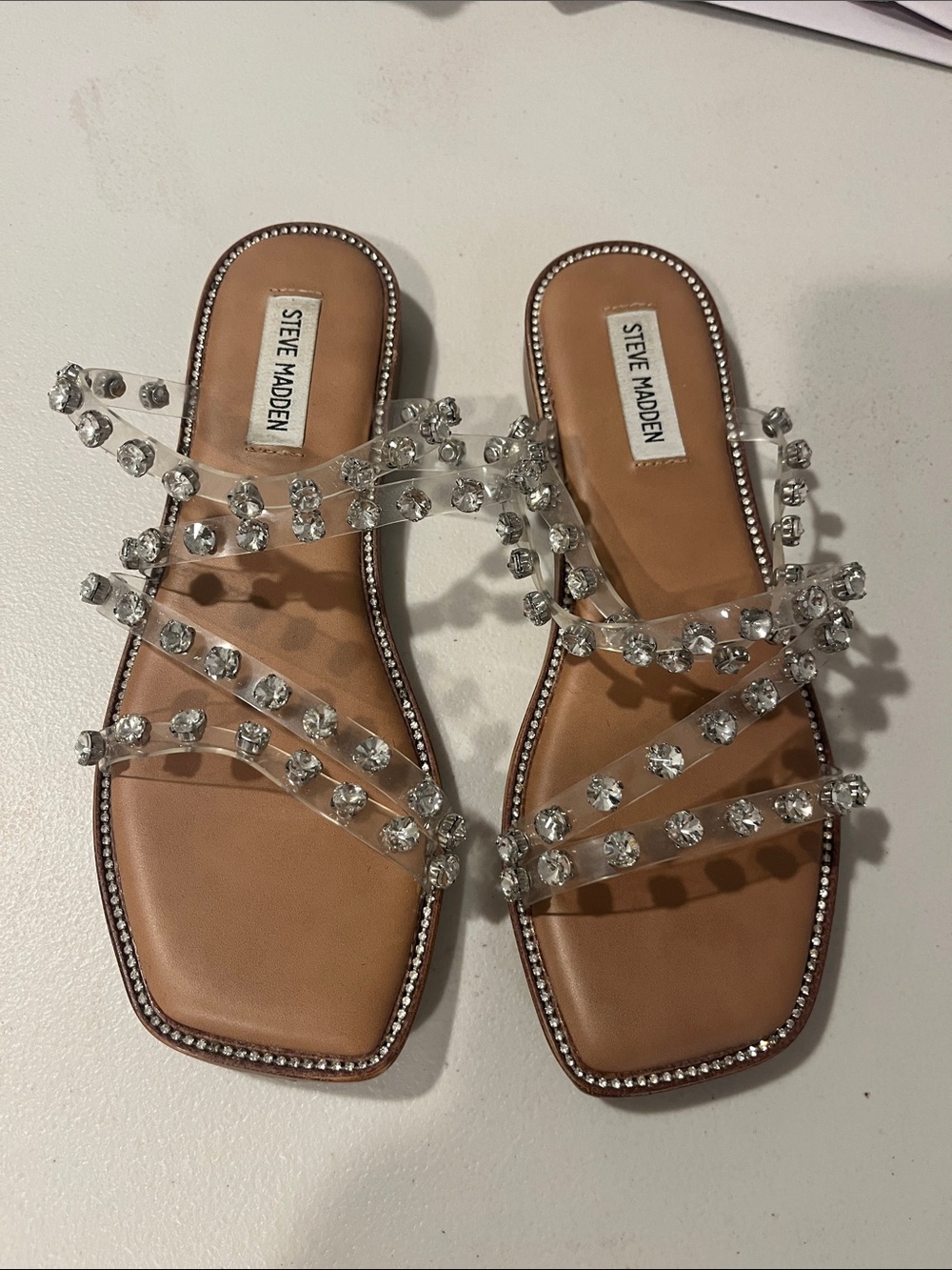 Steve Madden Tan Slide Sandals with Crystal Straps